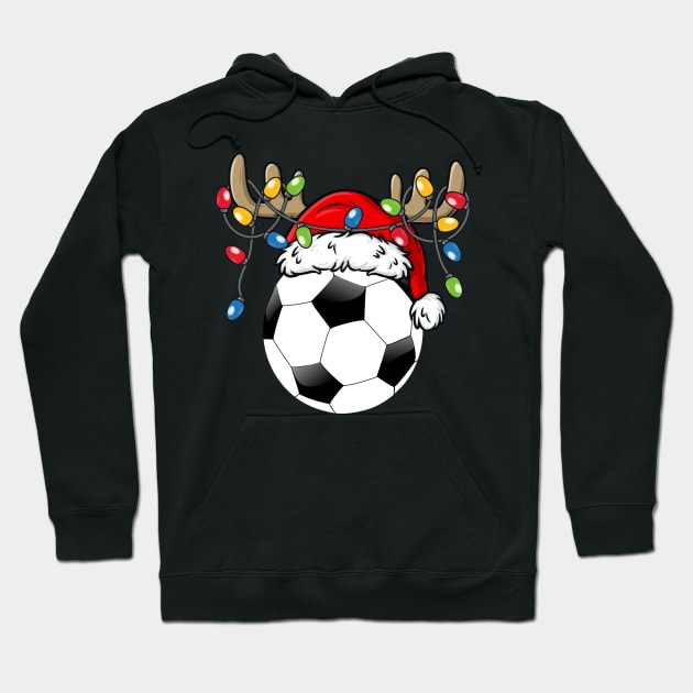 Soccer Ball With Santa Hat Reindeer Antlers Christmas Lights Hoodie by Kimko